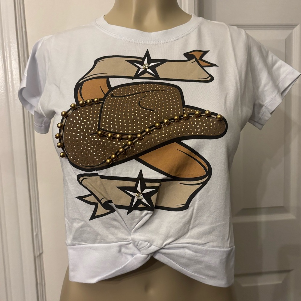Moda White and Brown Cowboy Hat Crop Top / Fits Size: M